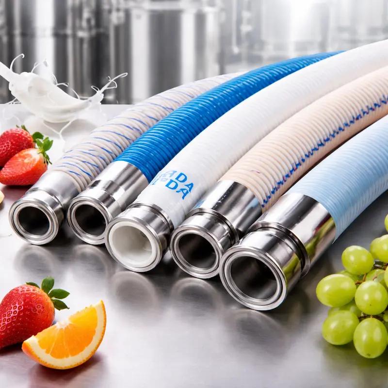 Mangueras sanitarias grado alimenticio con conexiones de acero inoxidable para industria alimentaria.
