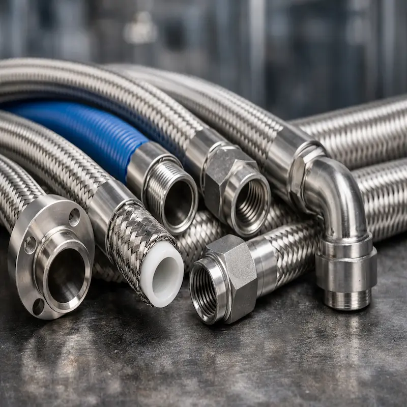 Manguera de teflón PTFE con refuerzo de acero inoxidable para aplicaciones industriales en Perú